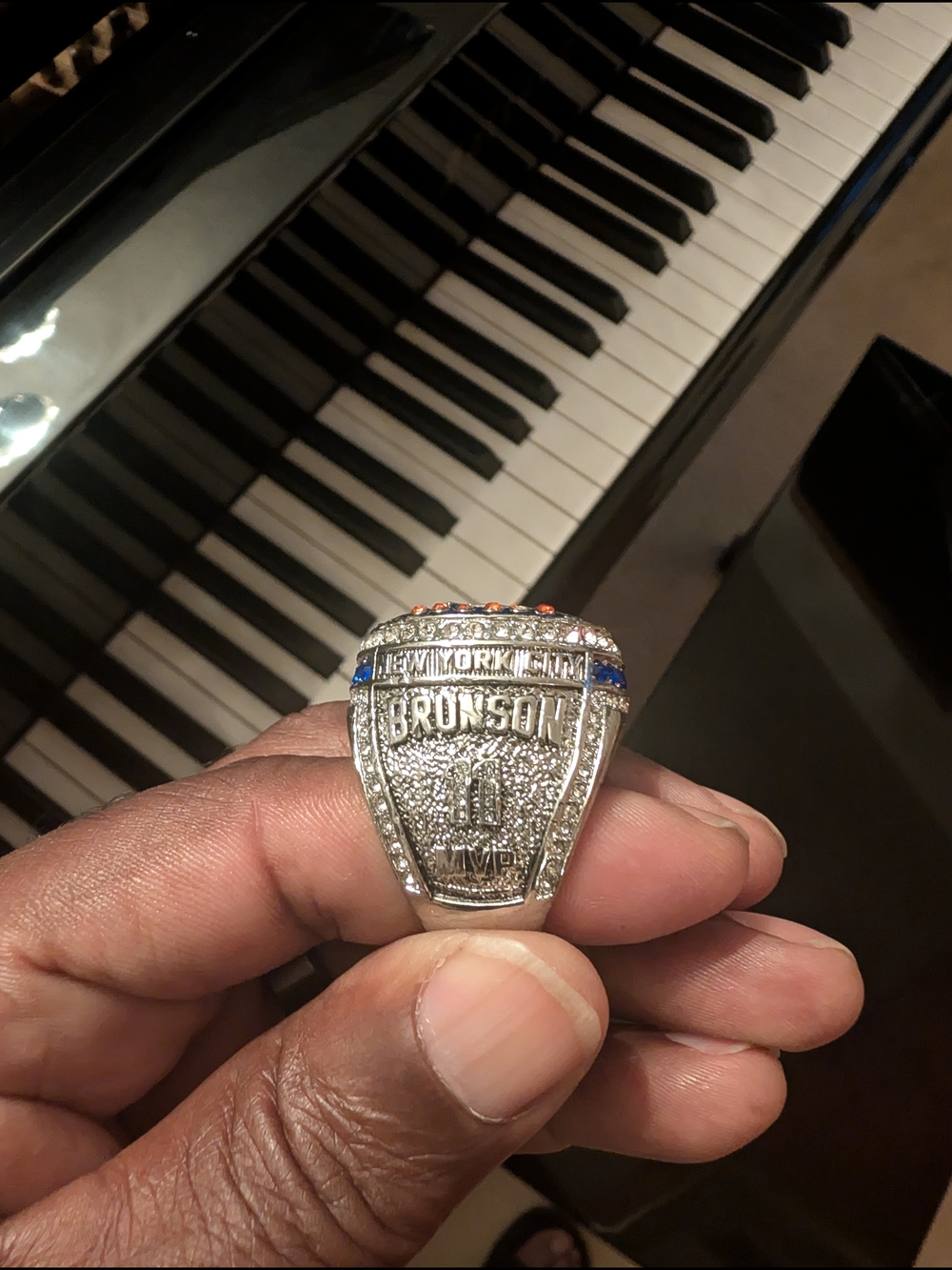 Championship Knick Silver Men's Statement Ring with Blue and Orange Accents
